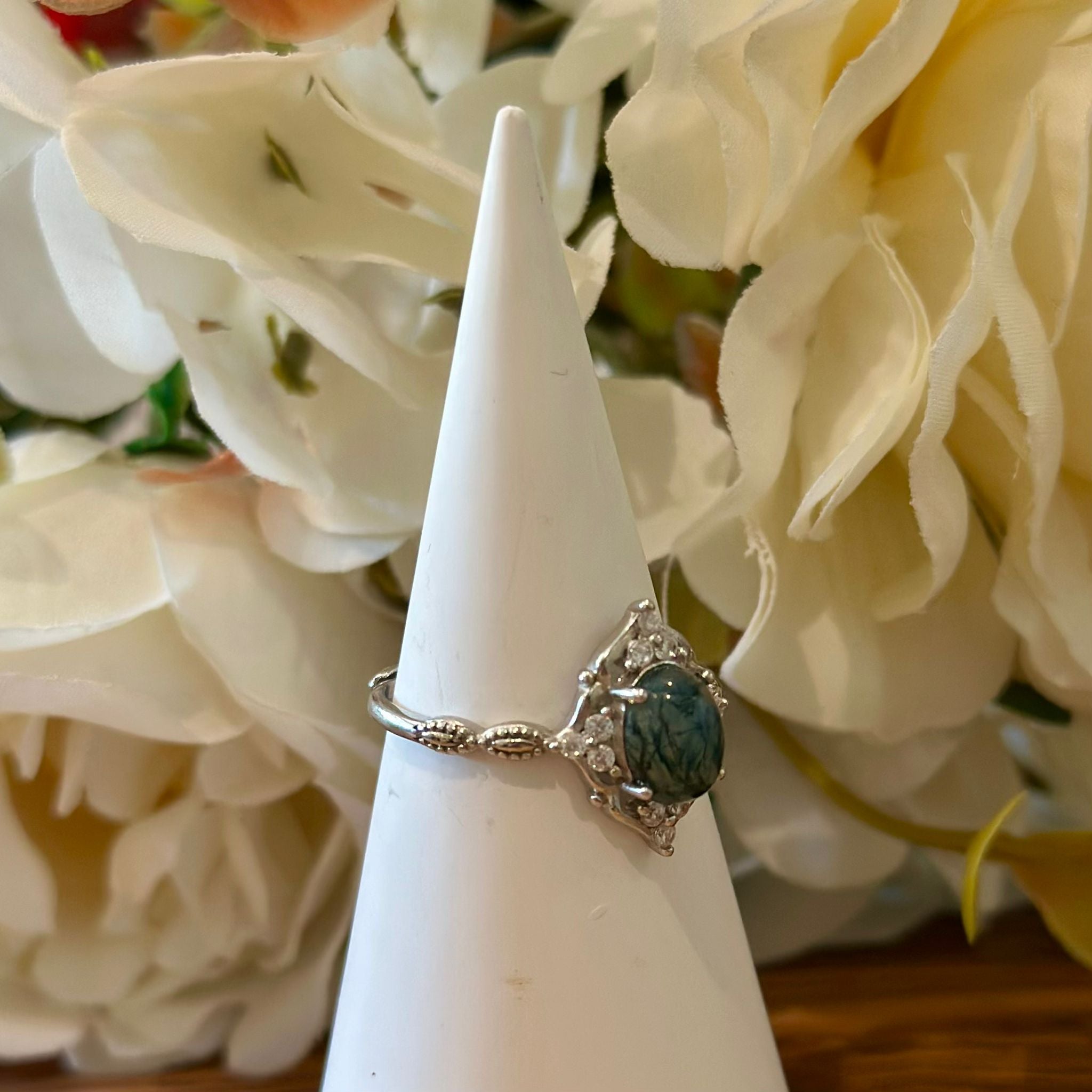 Moss Agate Ring – Oval Cabochon with Vintage Halo