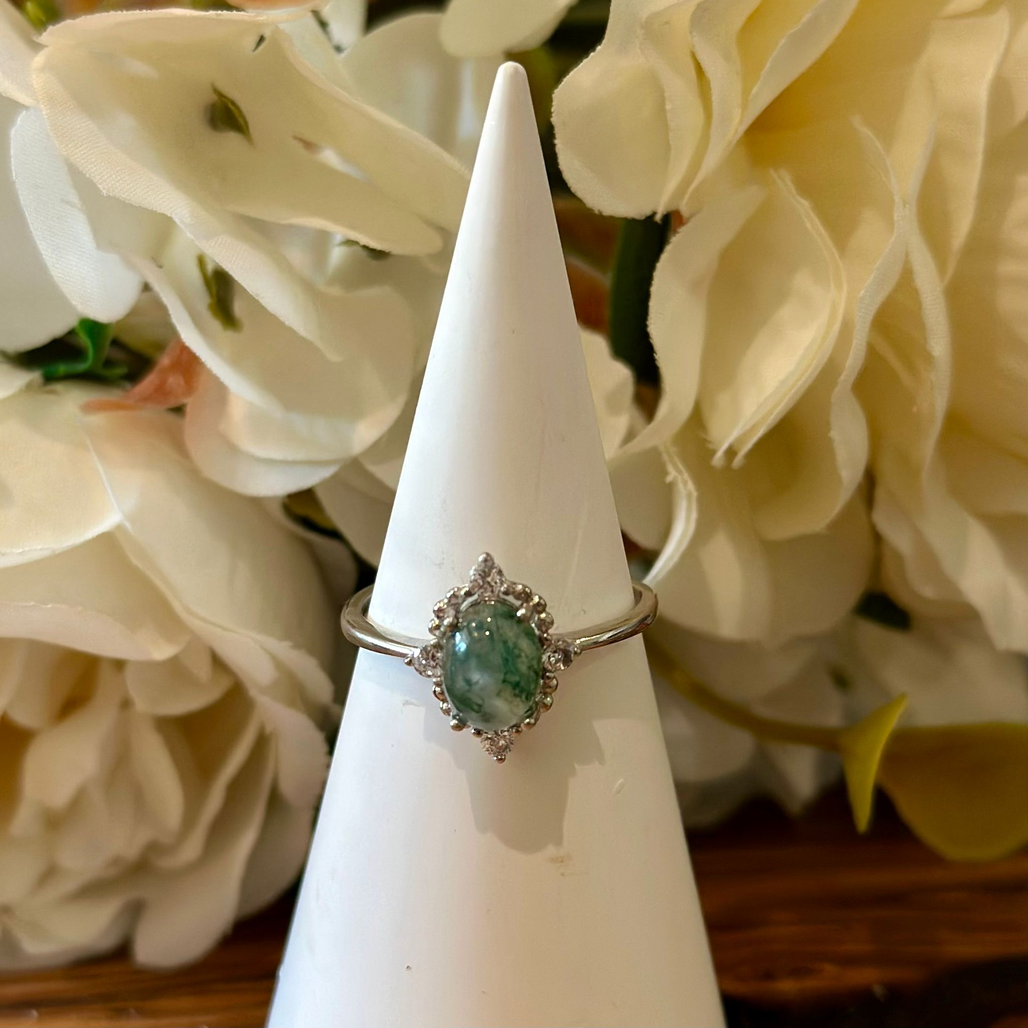 Moss Agate Ring – Soft Green Cabochon with Halo Setting