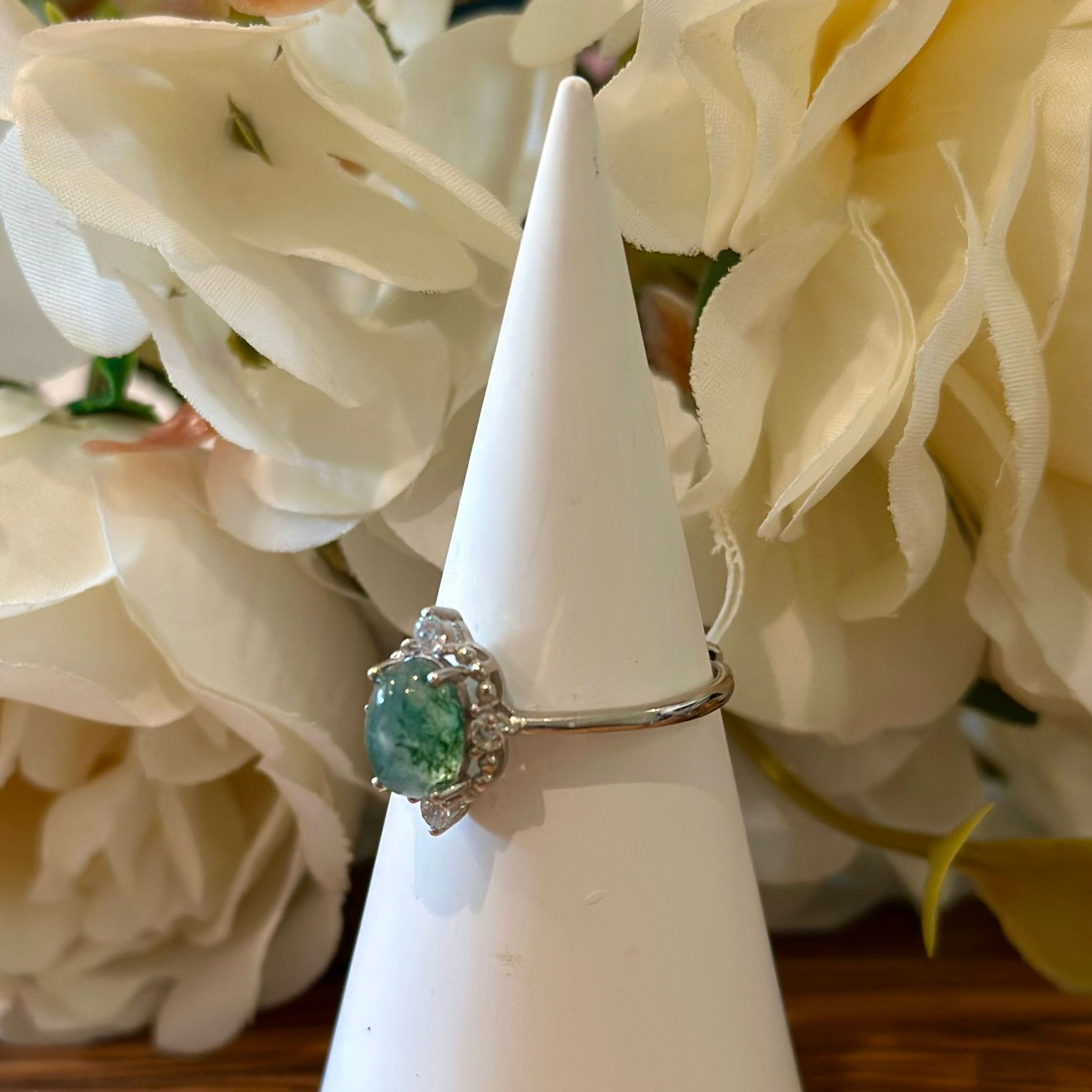 Moss Agate Ring – Soft Green Cabochon with Halo Setting