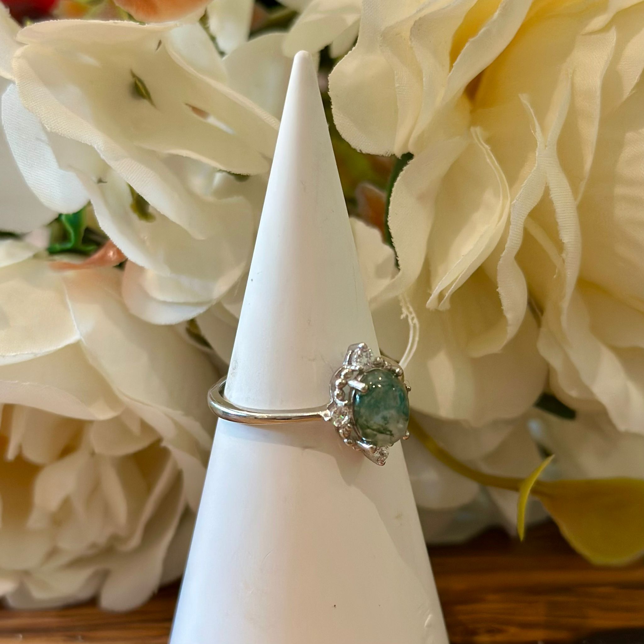 Moss Agate Ring – Soft Green Cabochon with Halo Setting