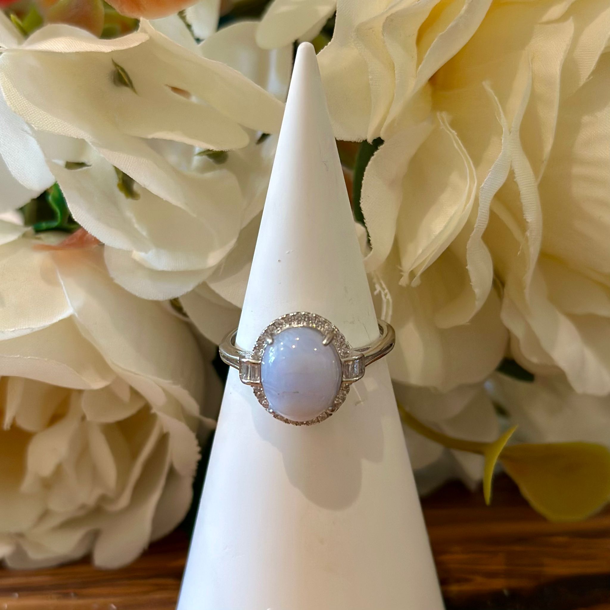 Blue Lace Agate Ring – Soft Oval Cabochon with Halo Setting