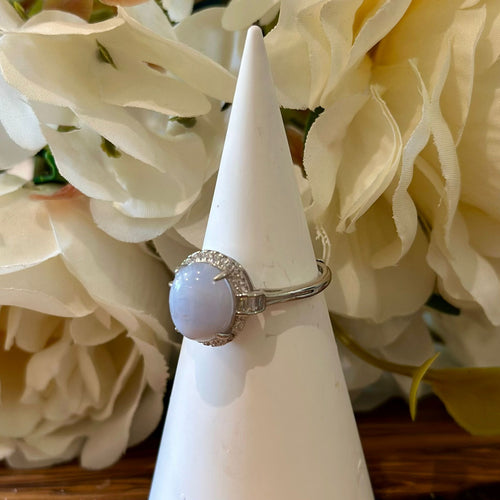 Blue Lace Agate Ring – Soft Oval Cabochon with Halo Setting