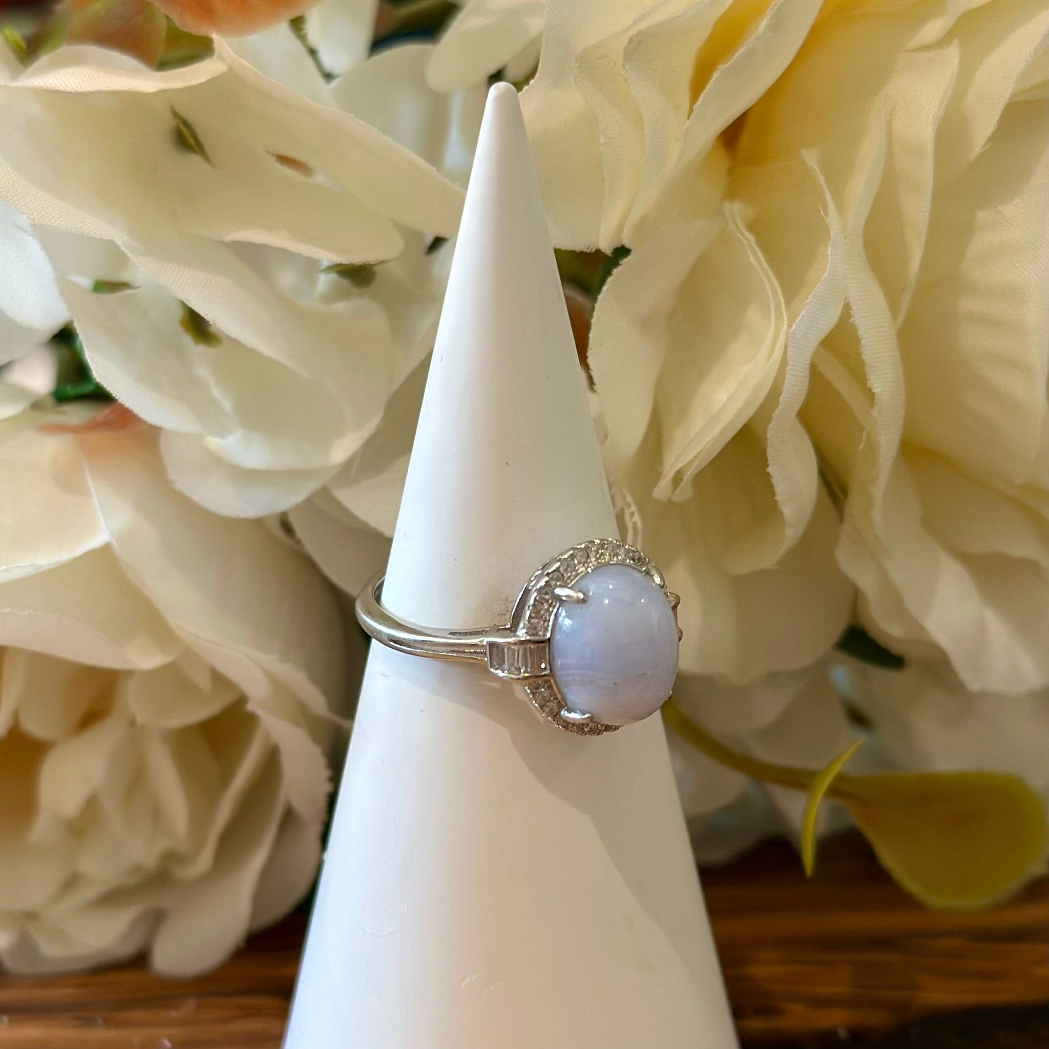 Blue Lace Agate Ring – Soft Oval Cabochon with Halo Setting