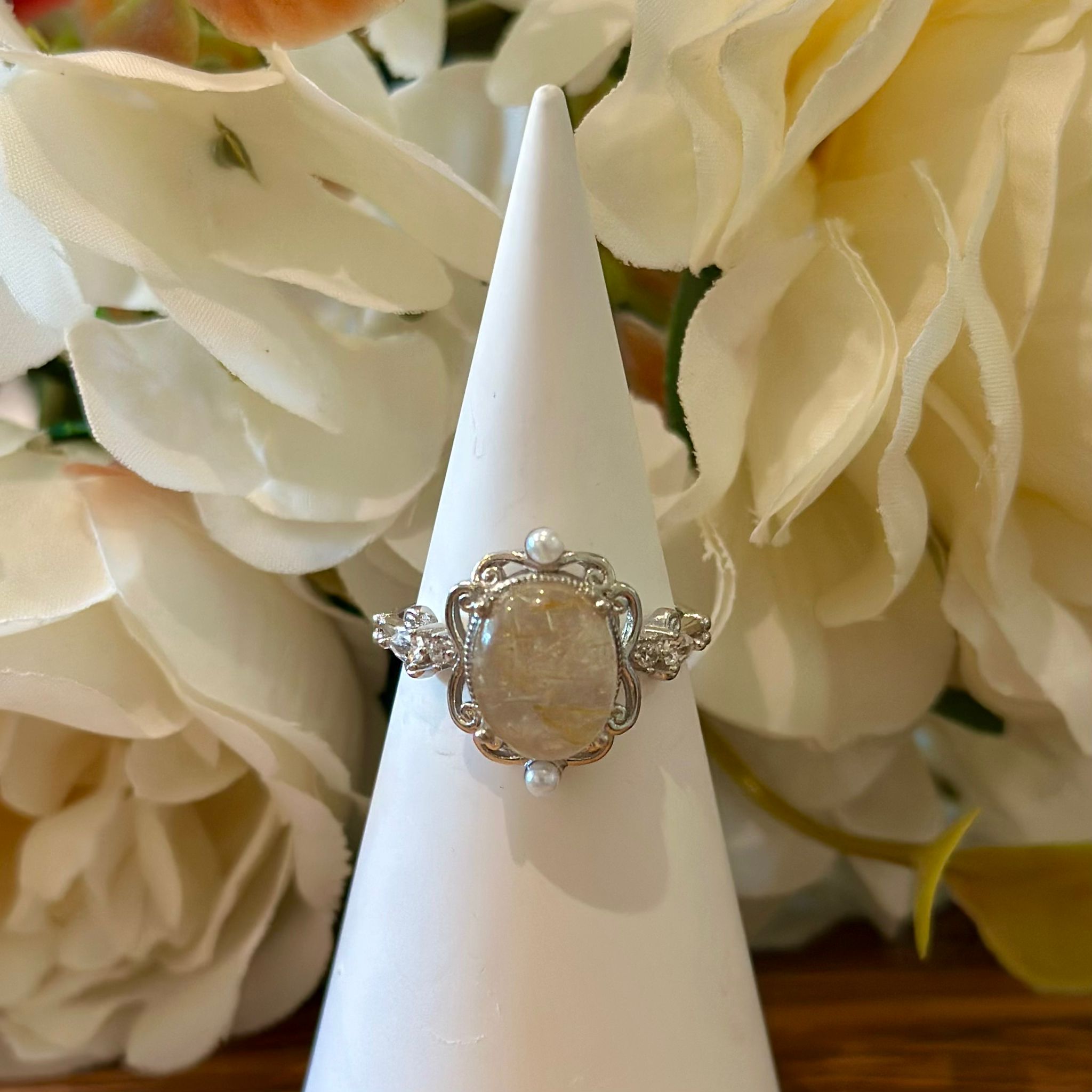 Golden Rutile Quartz Ring – Oval Cabochon with Ornate Silver Setting