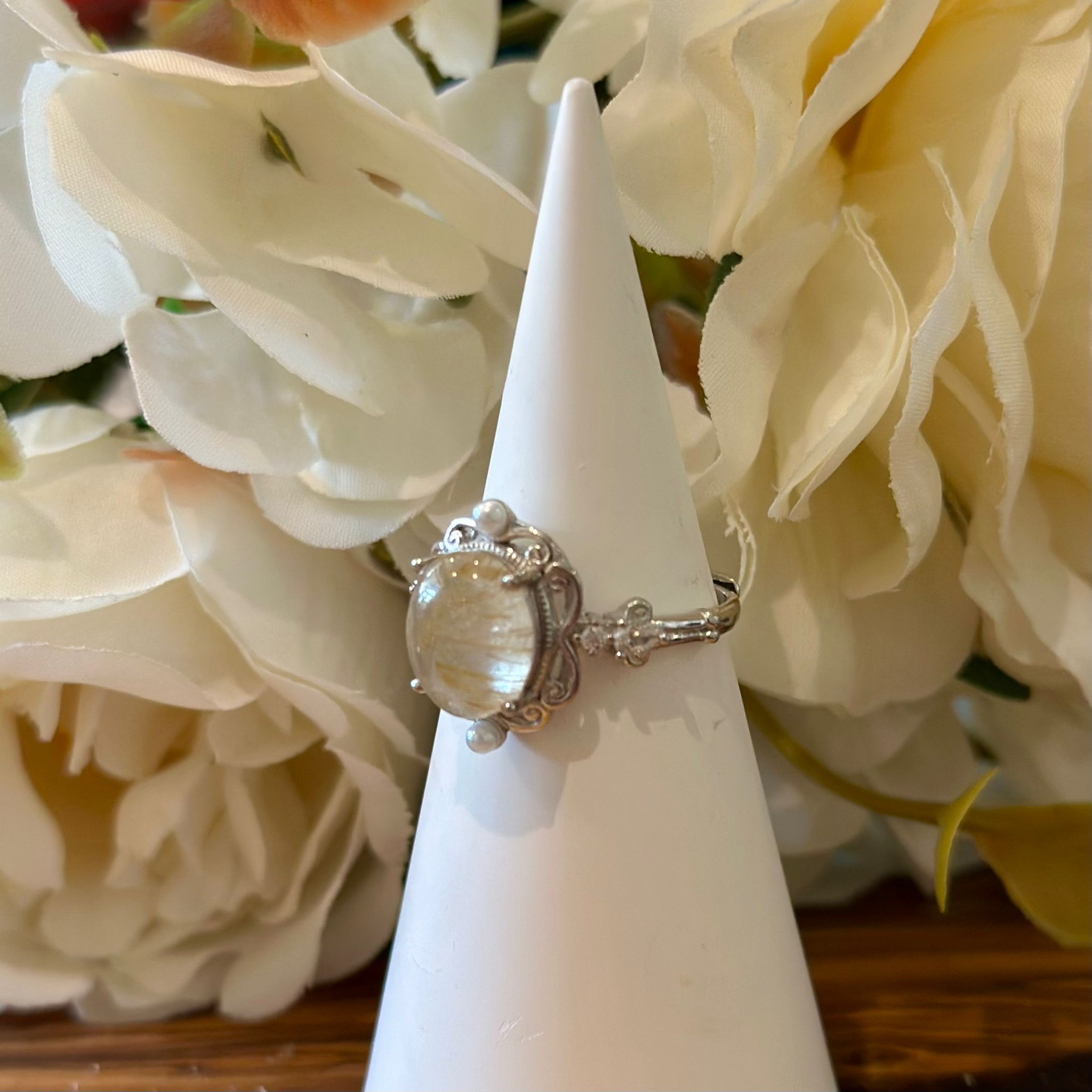 Golden Rutile Quartz Ring – Oval Cabochon with Ornate Silver Setting