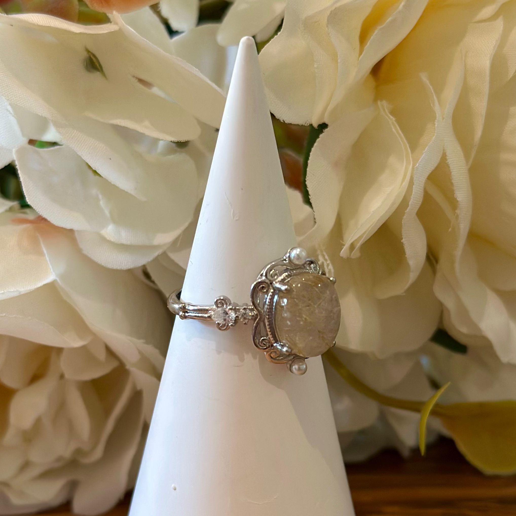 Golden Rutile Quartz Ring – Oval Cabochon with Ornate Silver Setting