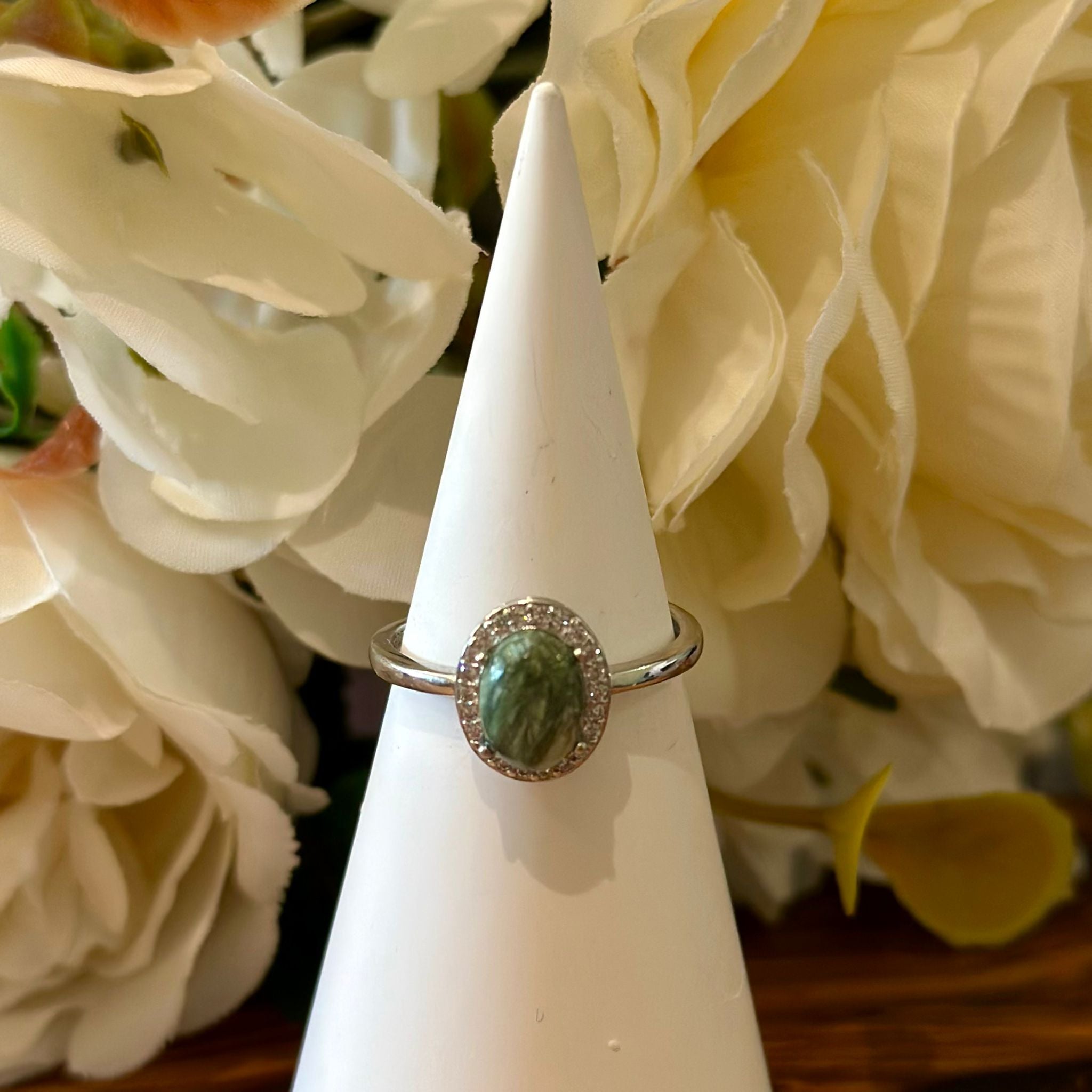 Seraphinite Ring – Petite Oval Cabochon with Halo Setting