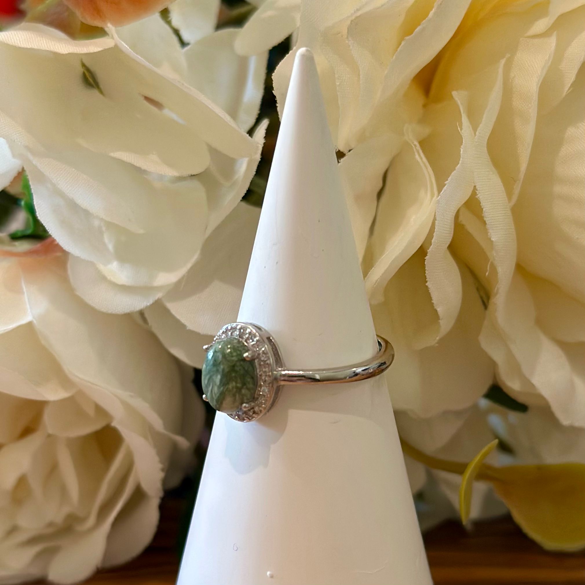Seraphinite Ring – Petite Oval Cabochon with Halo Setting
