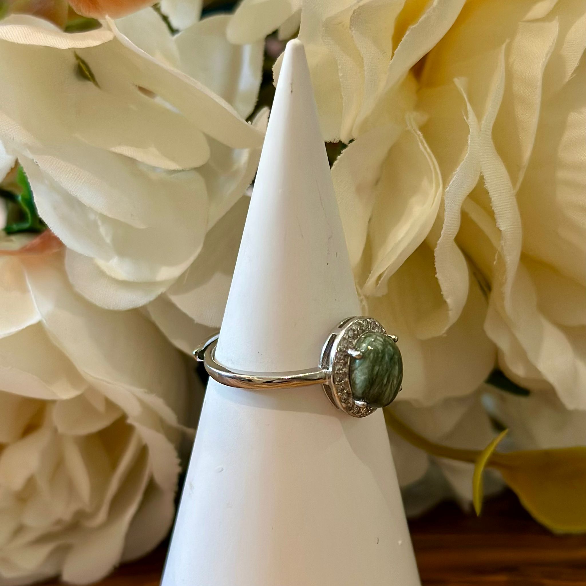 Seraphinite Ring – Petite Oval Cabochon with Halo Setting
