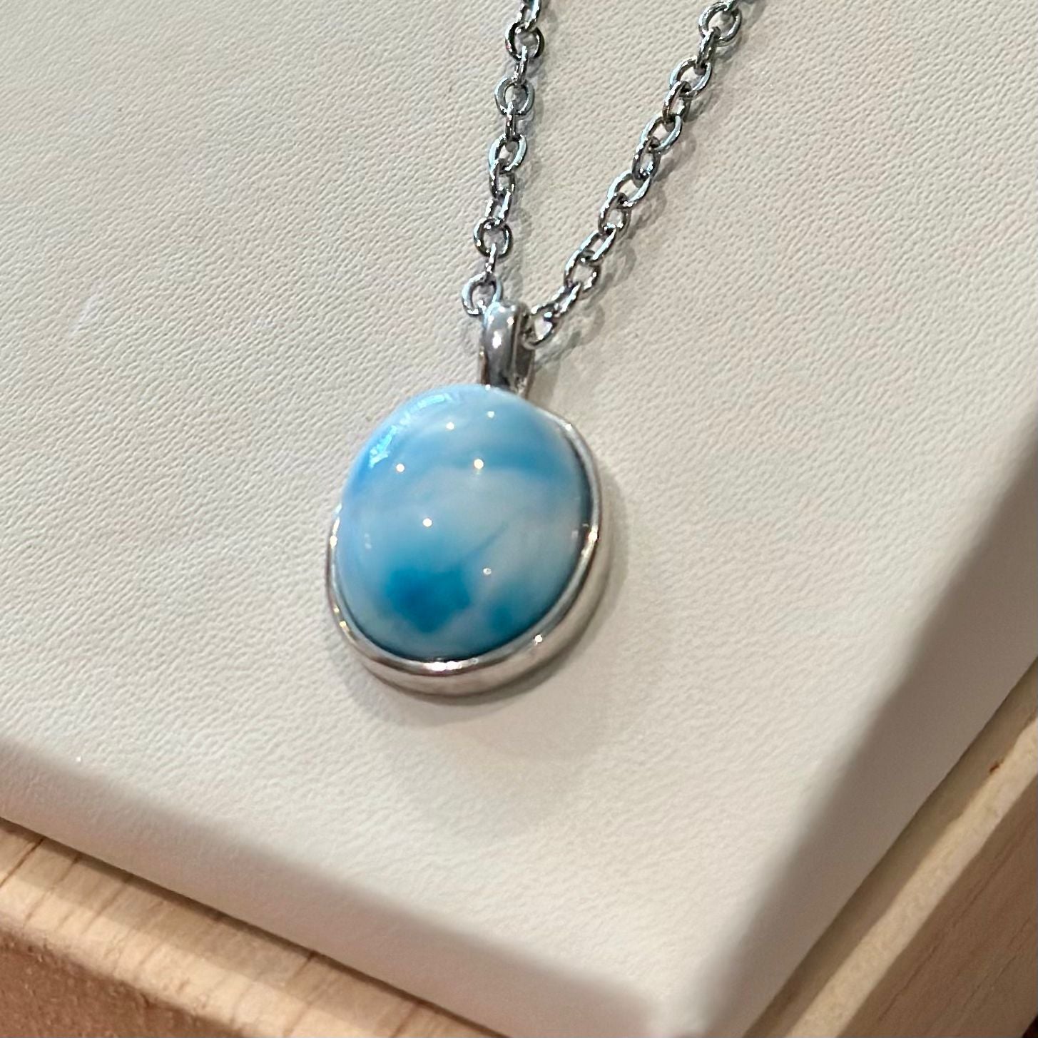 Larimar Oval Pendant Necklace – Stainless Steel Chain