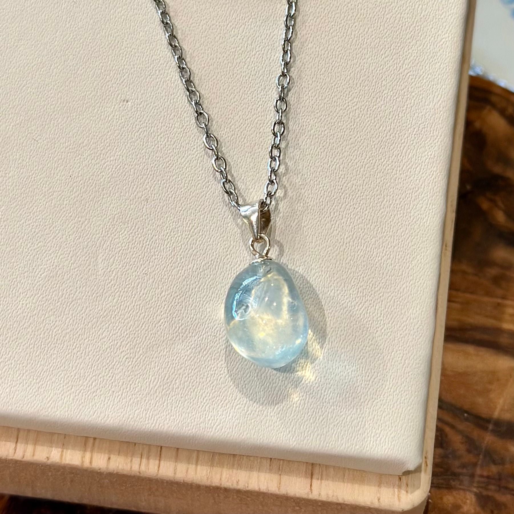 Aquamarine Tumbled Pendant Necklace – Stainless Steel Chain