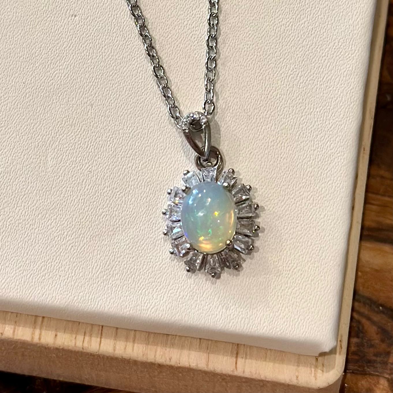 Opal & Clear Quartz Halo Pendant Necklace – Stainless Steel Chain