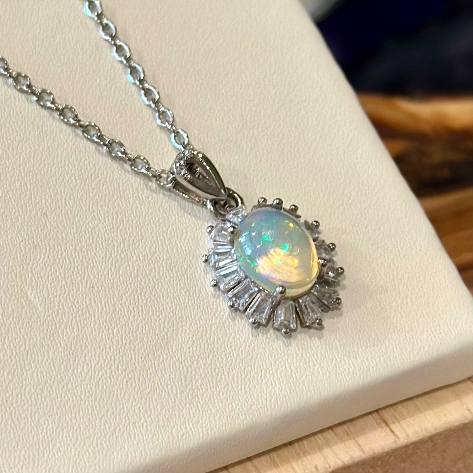Opal & Clear Quartz Halo Pendant Necklace – Stainless Steel Chain