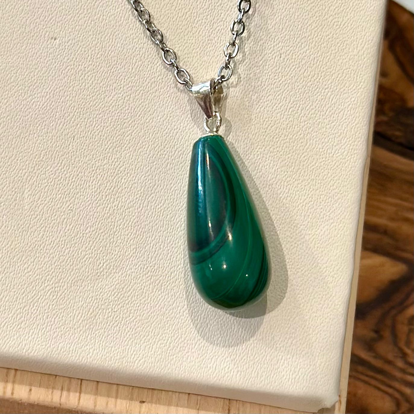 Malachite Teardrop Pendant Necklace – Stainless Steel Chain