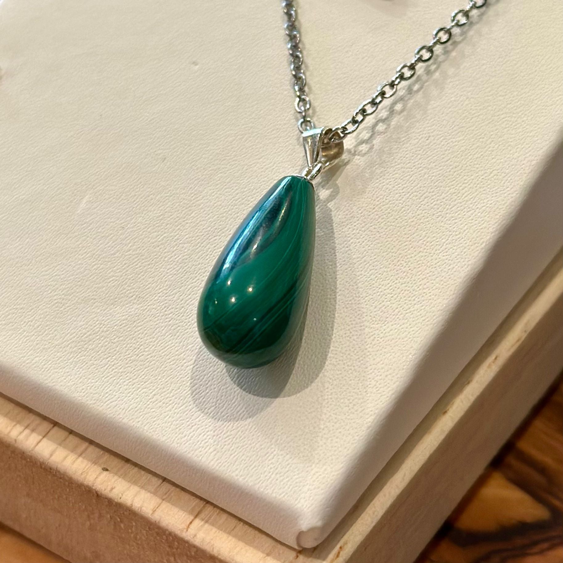 Malachite Teardrop Pendant Necklace – Stainless Steel Chain