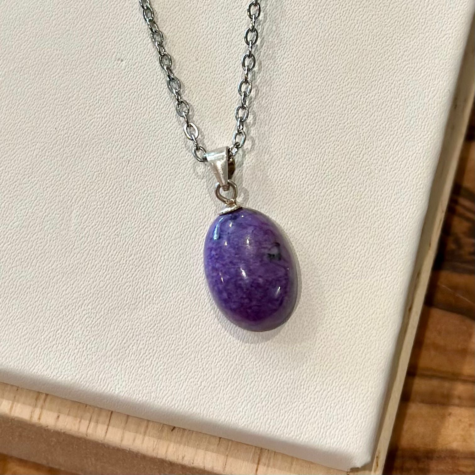 Charoite Oval Pendant Necklace – Stainless Steel Chain