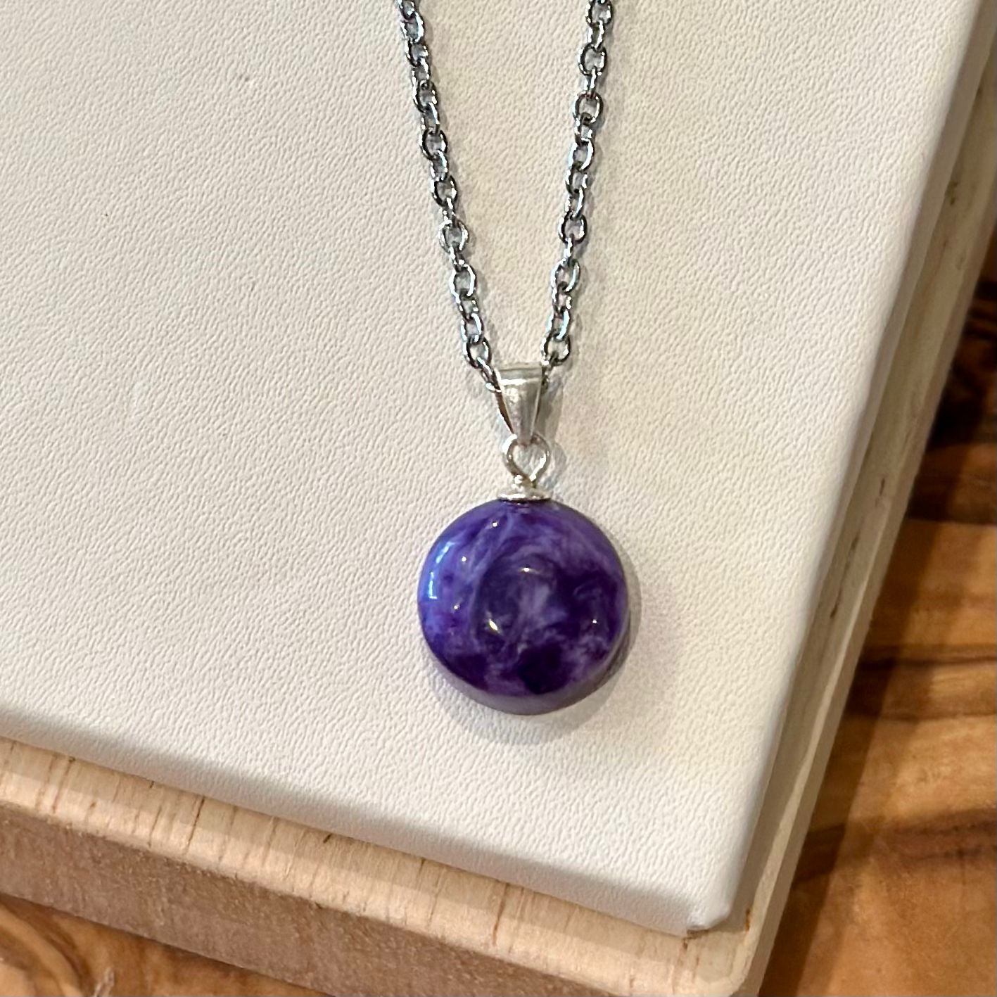 Charoite Round Pendant Necklace – Stainless Steel Chain