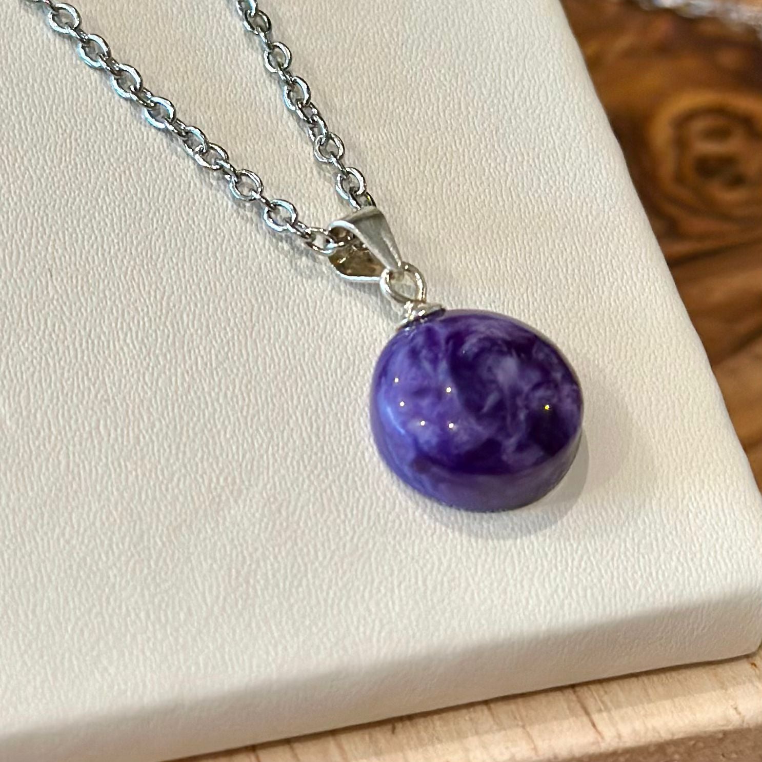 Charoite Round Pendant Necklace – Stainless Steel Chain