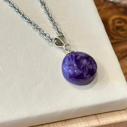 Charoite Round Pendant Necklace – Stainless Steel Chain