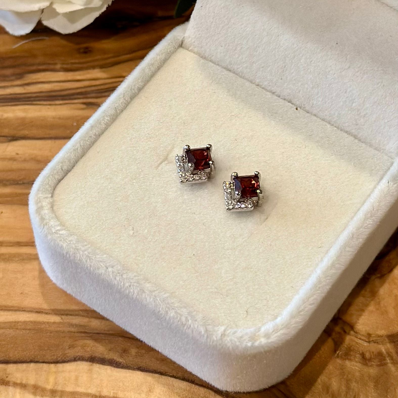 Garnet & Cubic Zirconia Stud Earrings