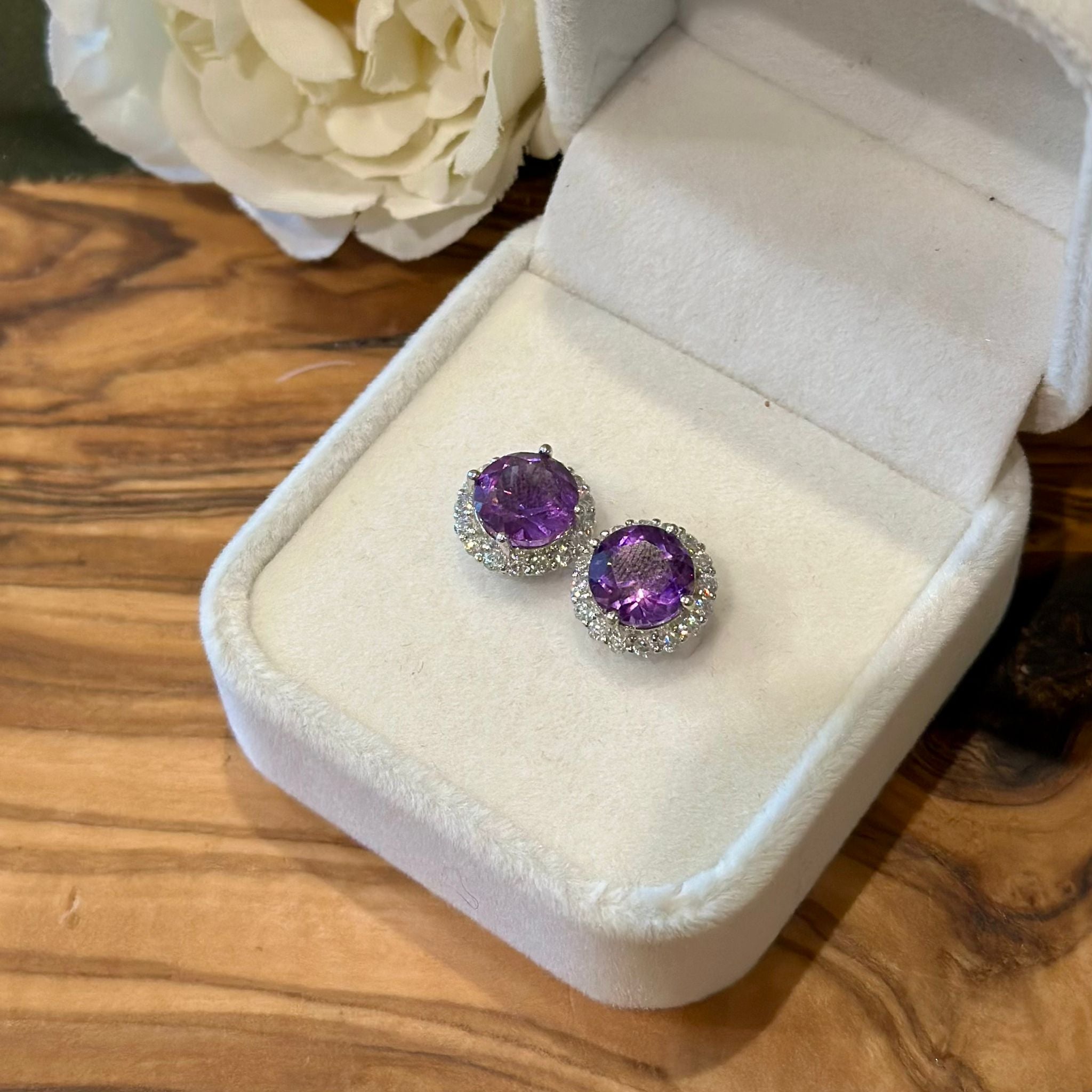 Facetted Amethyst Halo Stud Earrings