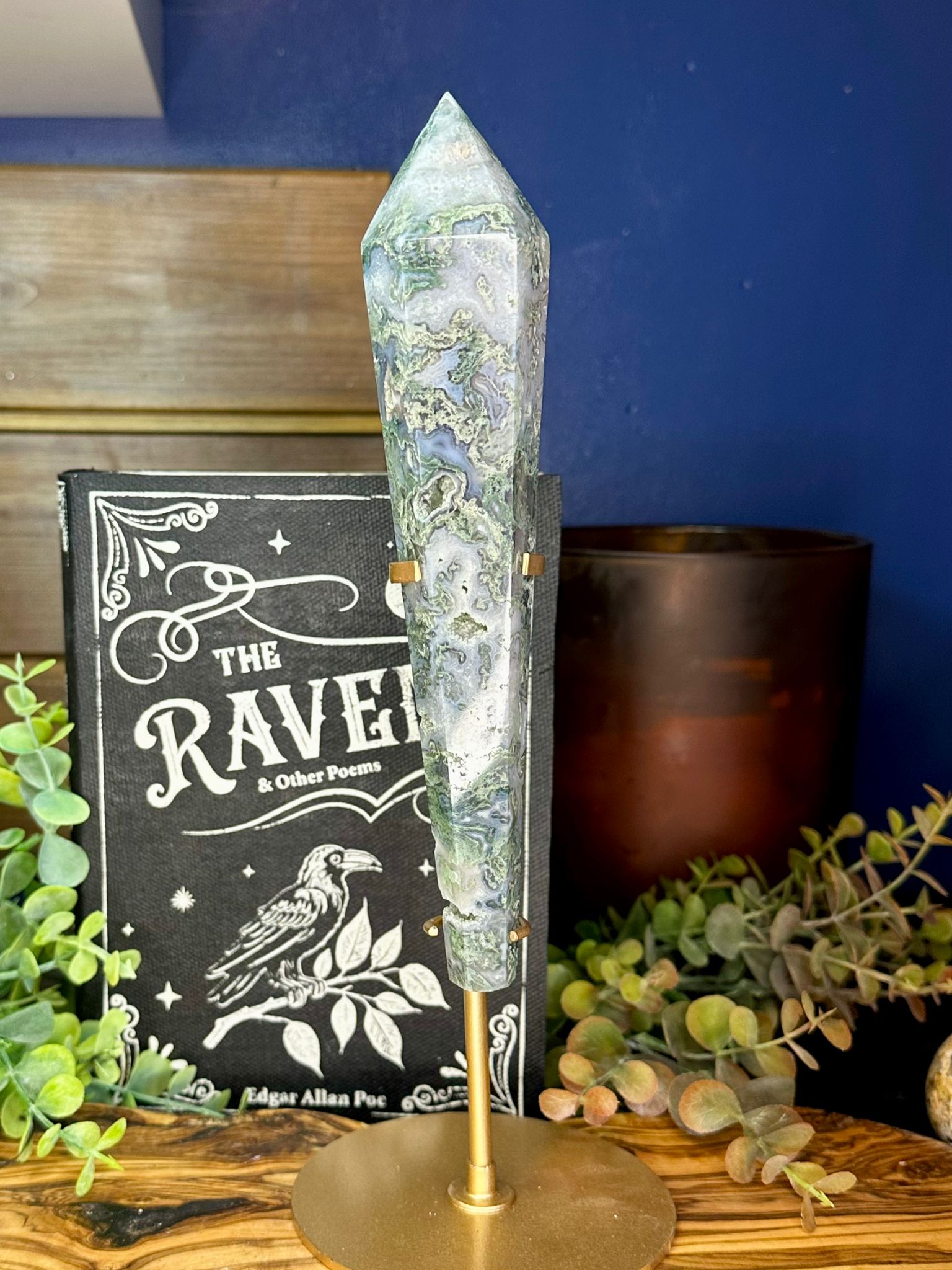 Large Moss Agate Druzy Wand on Stand