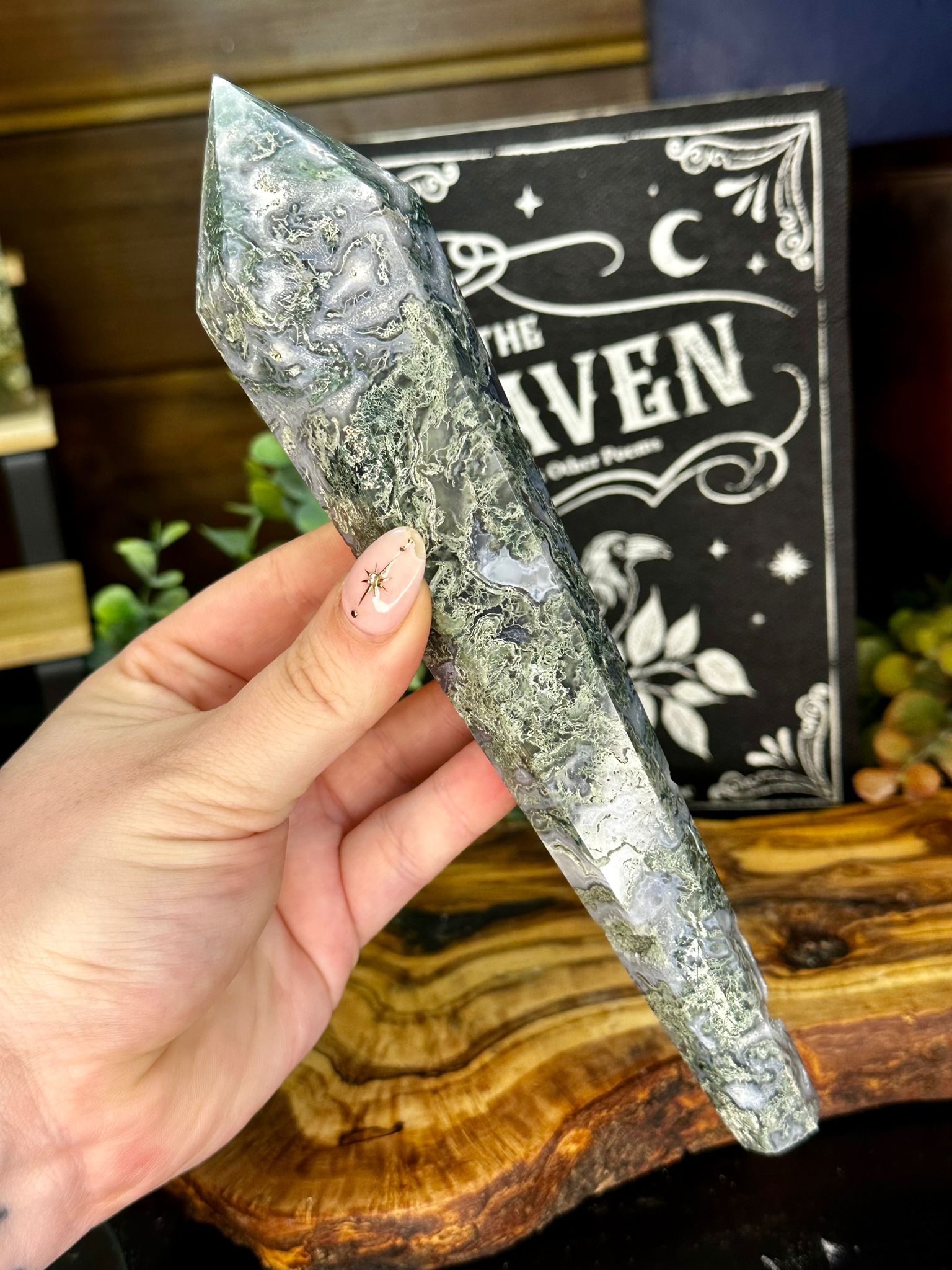 Large Moss Agate Druzy Wand on Stand