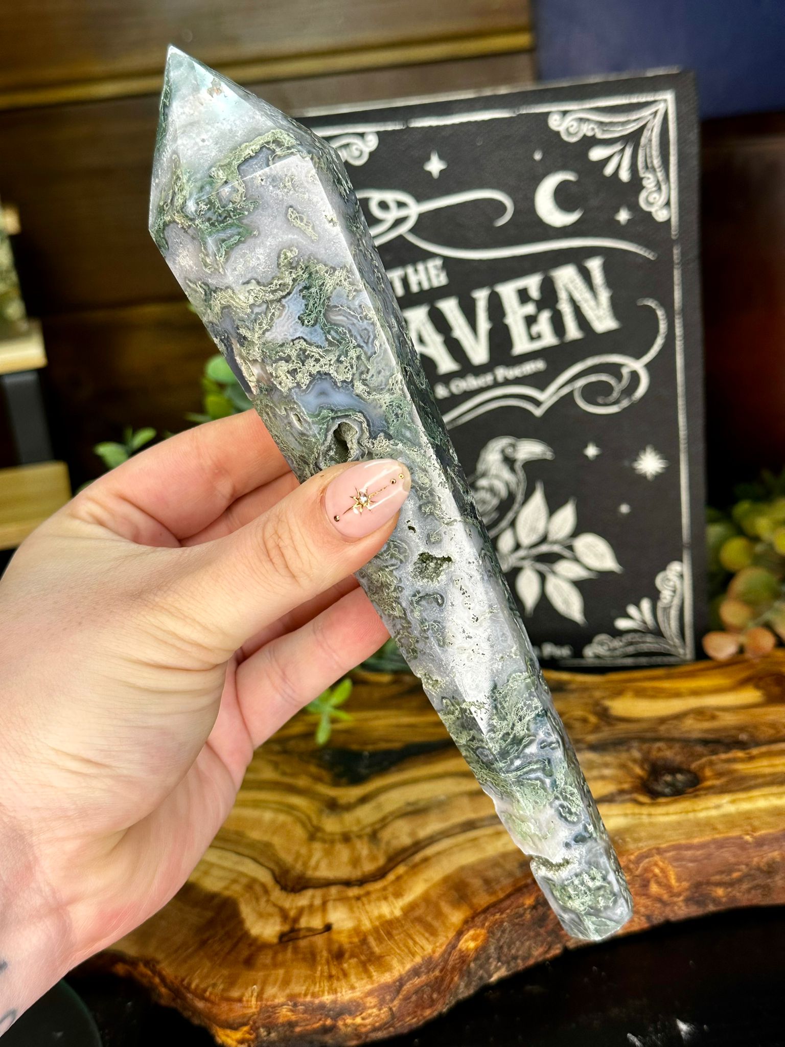 Large Moss Agate Druzy Wand on Stand