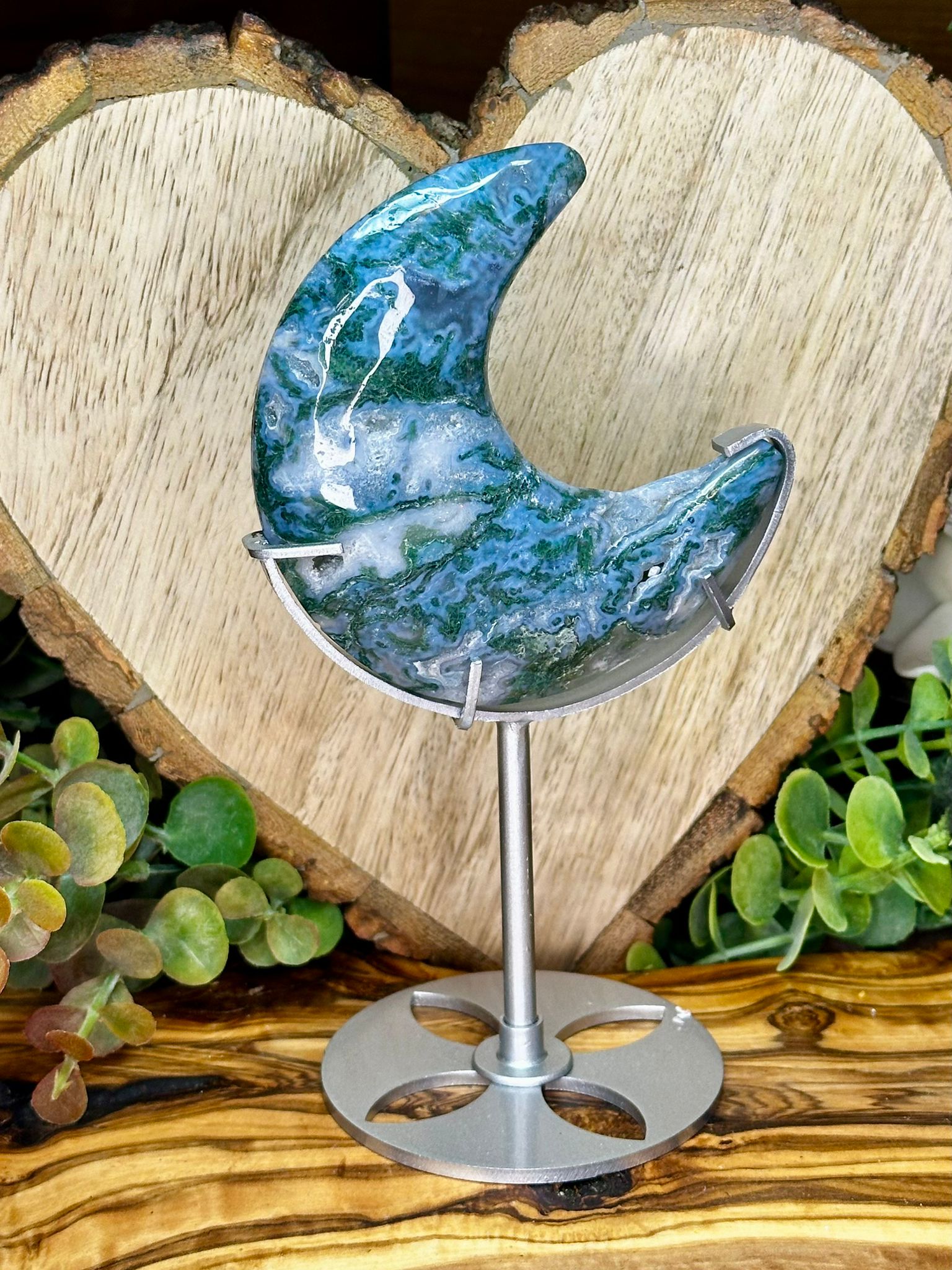 Moss Agate Crescent Moon with Stand - Choose Your Own