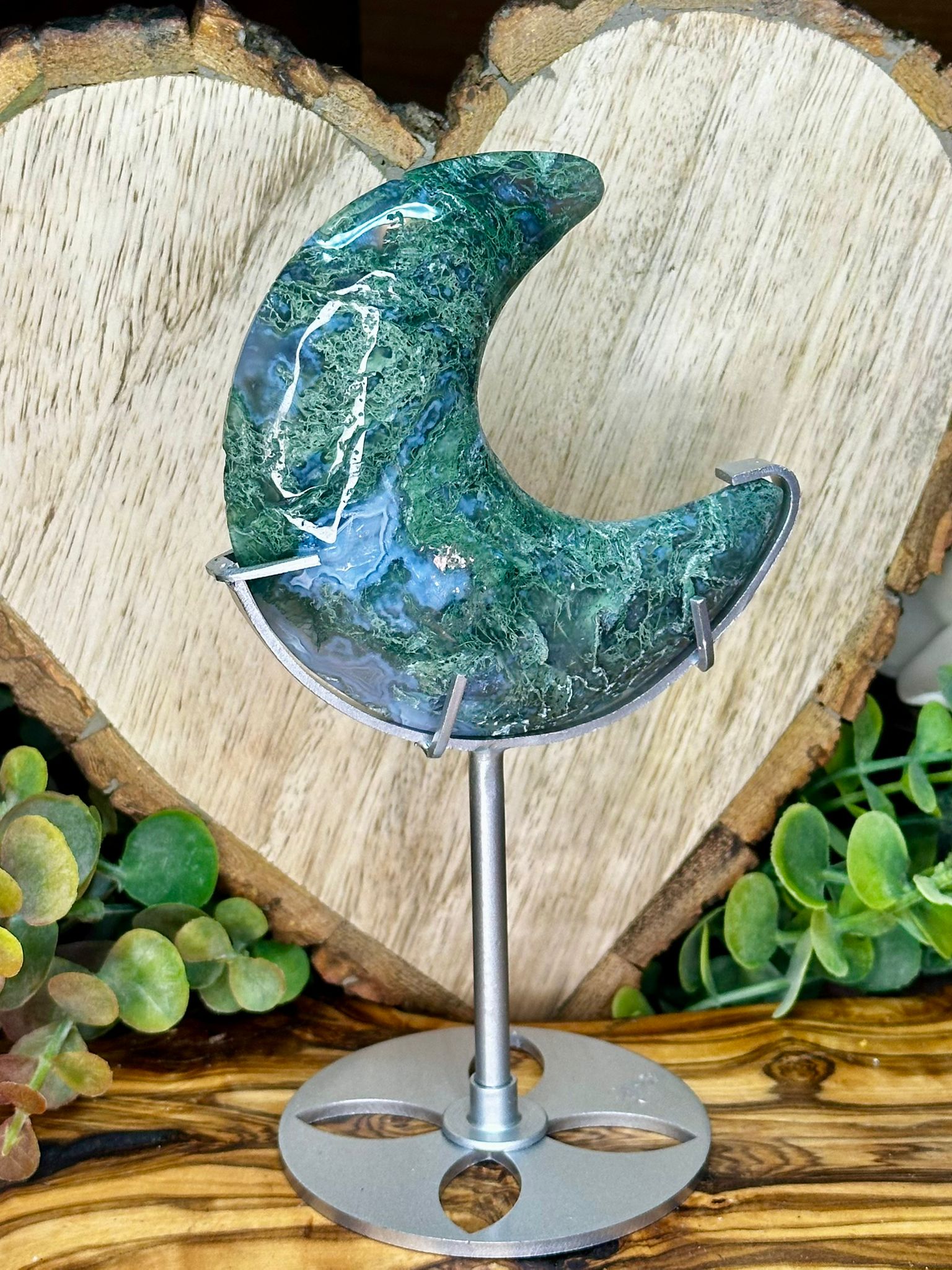 Moss Agate Crescent Moon with Stand - Choose Your Own