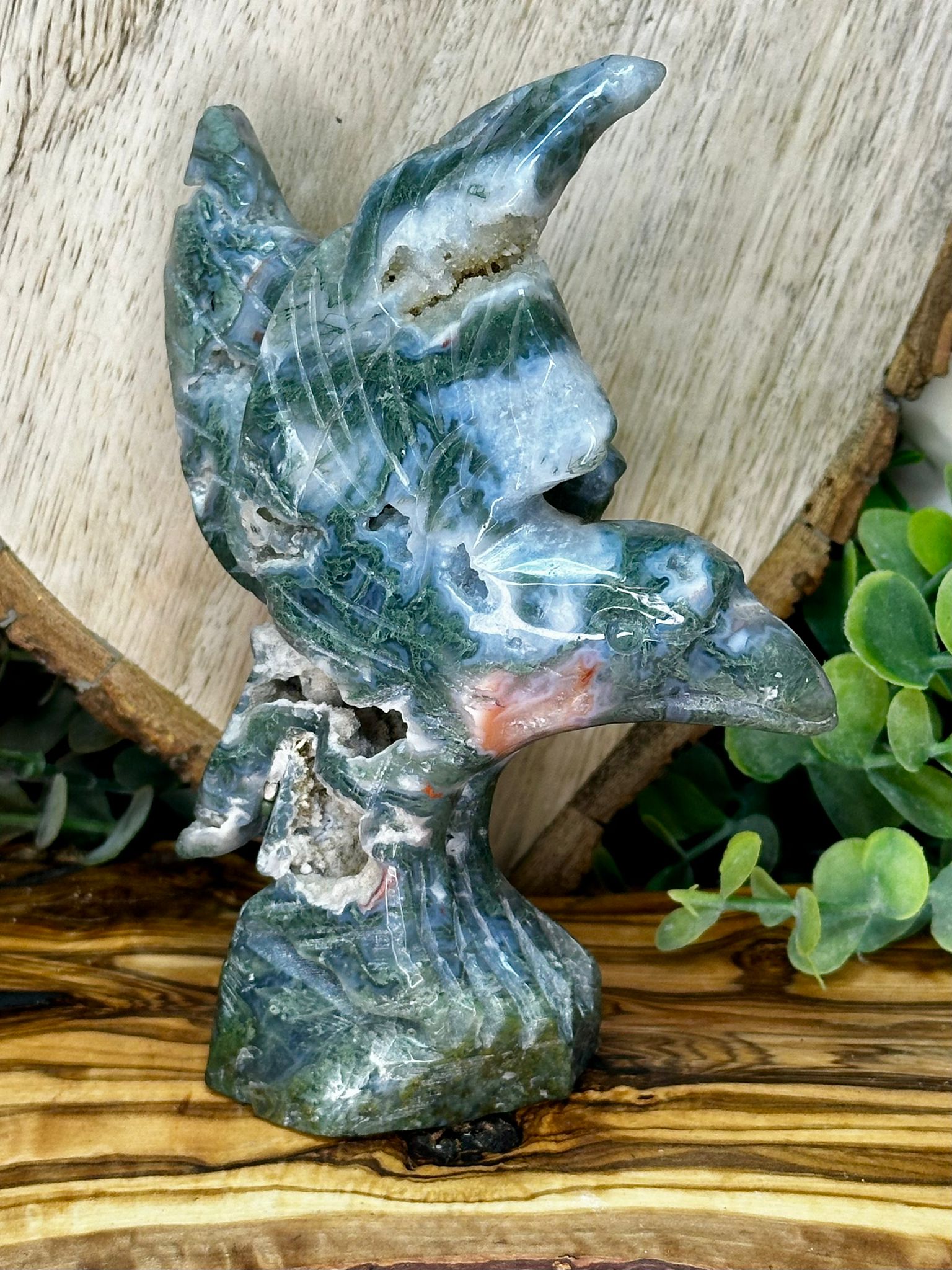 Large Moss Agate Eagle with Druzy & Pink Inclusions