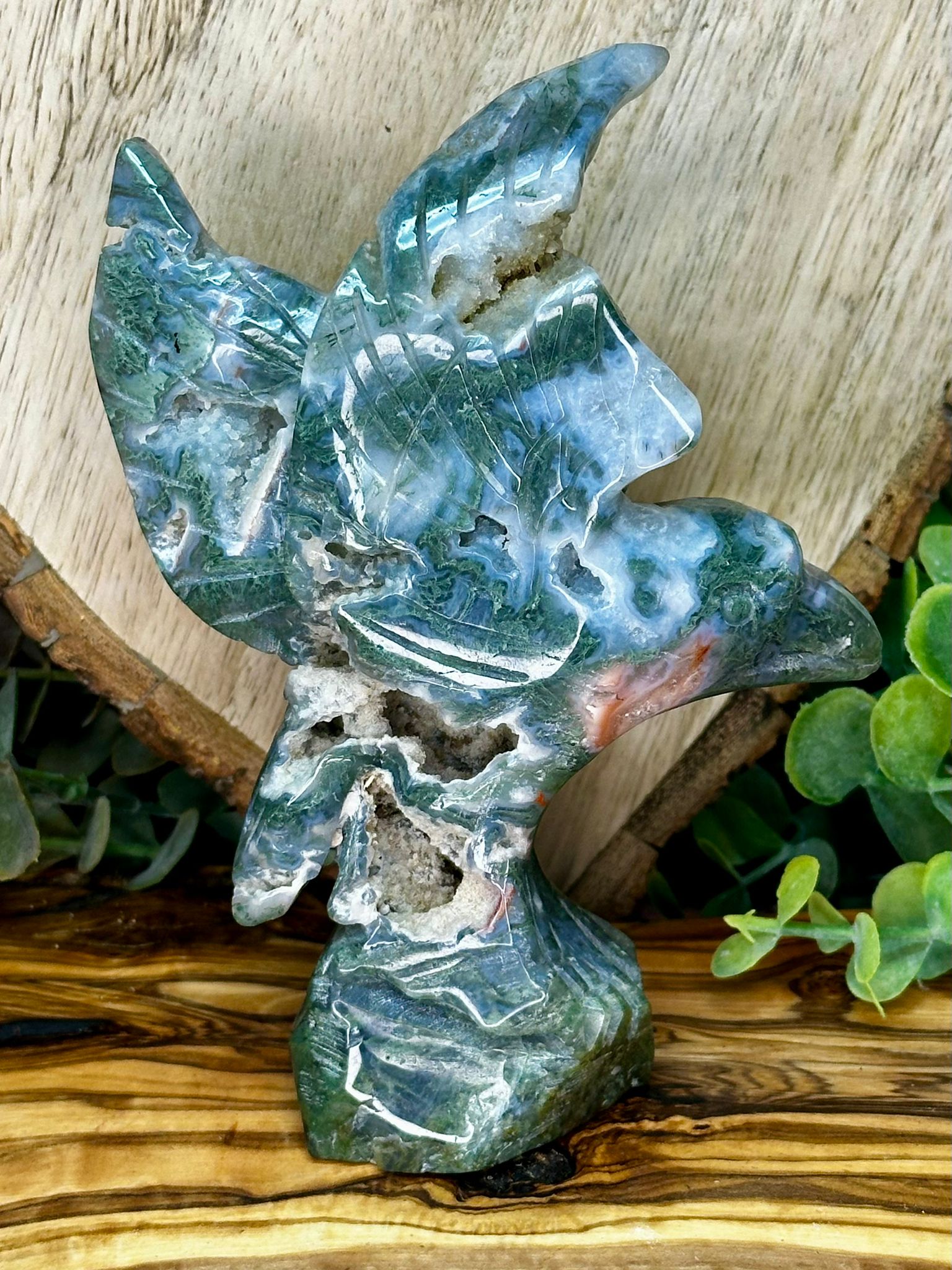 Large Moss Agate Eagle with Druzy & Pink Inclusions