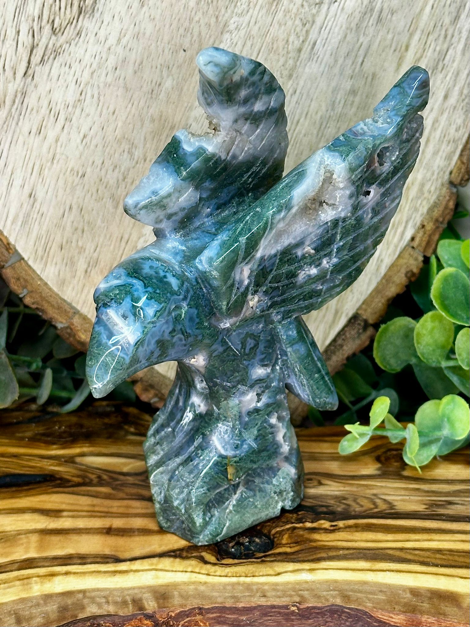 Large Moss Agate Eagle with Druzy & Pink Inclusions