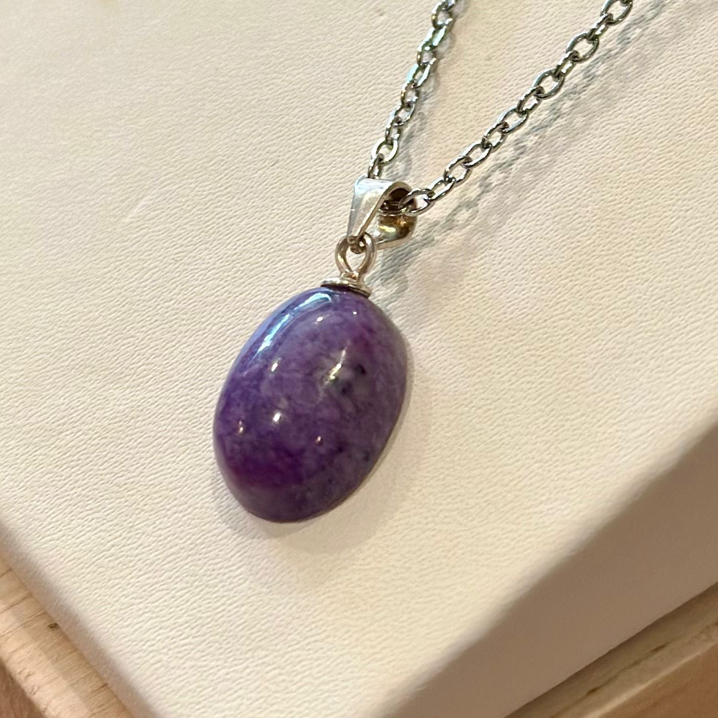 Charoite Oval Pendant Necklace – Stainless Steel Chain