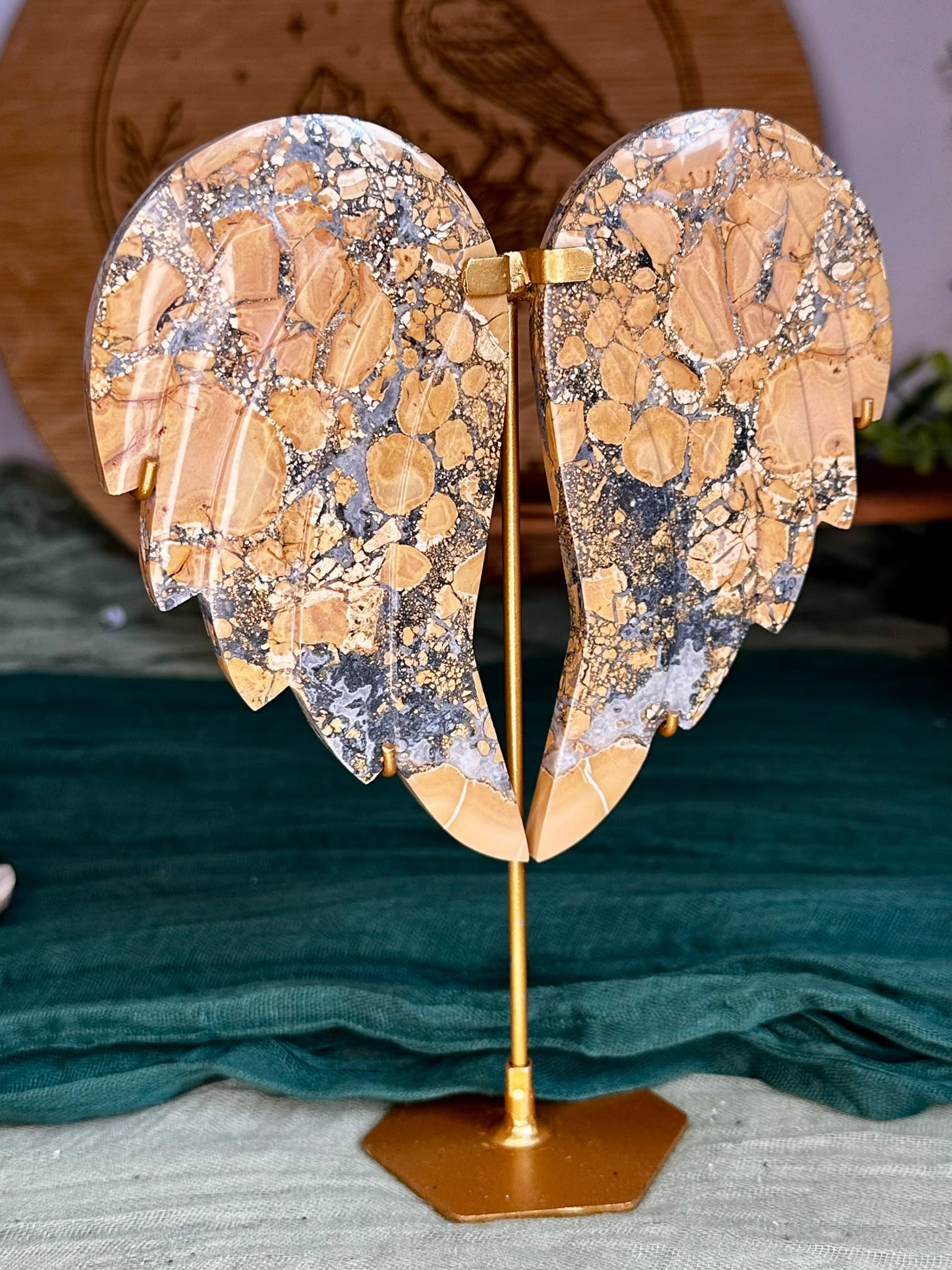 Large Yellow Maligano Jasper Angel Wings on Stand