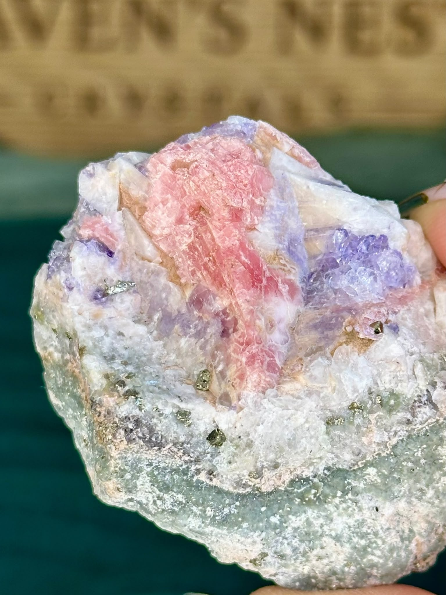Rhodochrosite, Fluorite & Pyrite on Quartz
