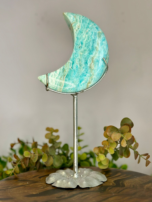 Large Blue Aragonite crescent moon on silver stand with aqua and cream banding
