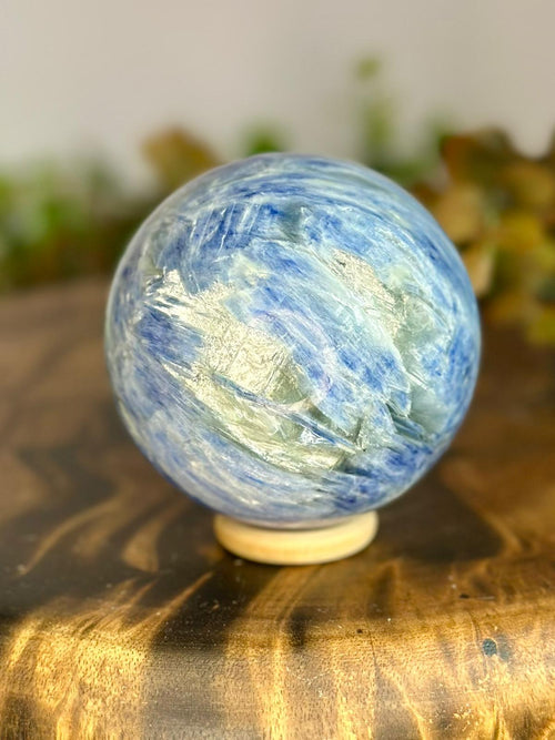 Blue Kyanite with Mica sphere showing vivid blue crystal blades and reflective silvery mineral formations