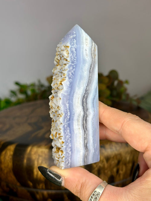 130g Blue Lace Agate tower showing intricate blue white and grey natural banding