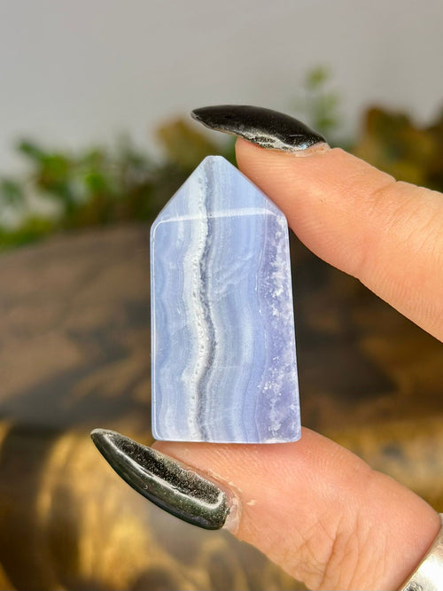 Blue Lace Agate mini tower with delicate pale blue and white natural banding