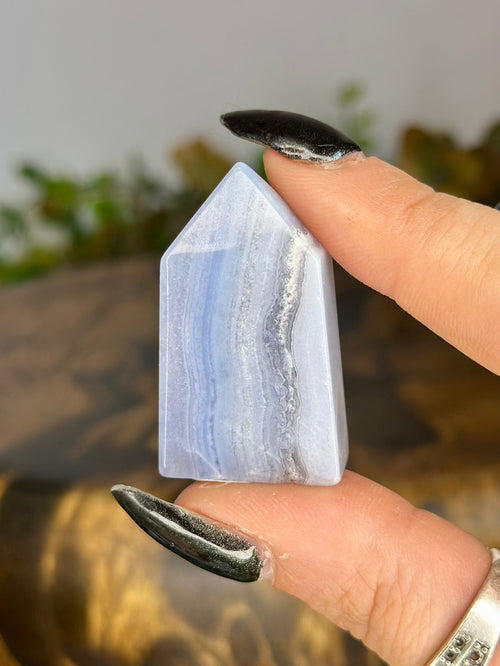 Blue Lace Agate mini tower with delicate pale blue white and lilac natural banding
