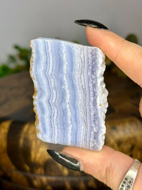 55g Blue Lace Agate slice showing fine blue lace-like banded patterns