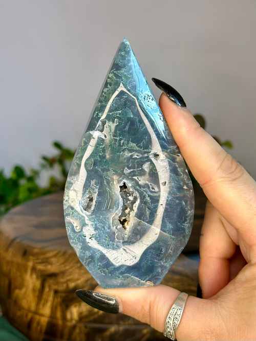 Blue Moss Agate teardrop freeform with translucent blue agate, green moss inclusions and natural druzy pockets