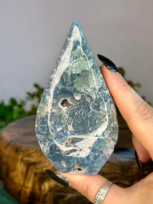 11cm Blue Moss Agate teardrop showing green botanical inclusions, white agate formations and sparkling druzy cavities