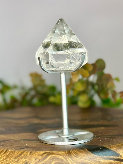 Brazilian Clear Quartz diamond display specimen on custom silver-toned stand, weighing 247g