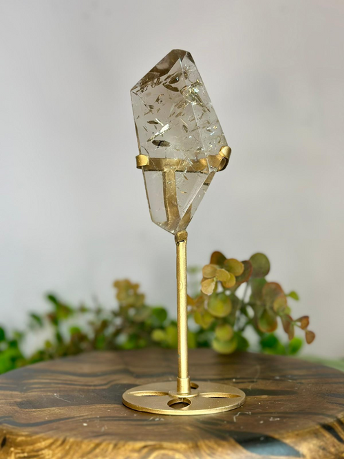 Brazilian Smoky Quartz crystal on custom gold-toned stand, 255g and approximately 19cm tall