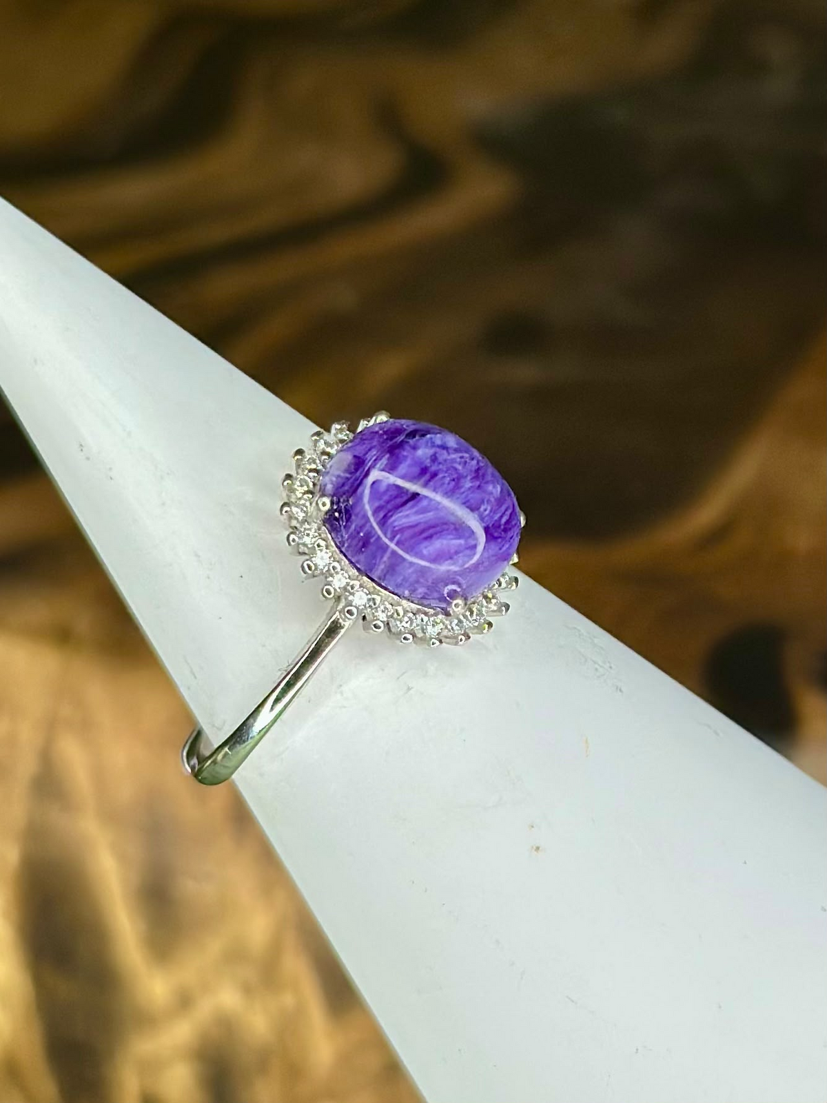 S925 sterling silver Charoite ring with polished oval purple gemstone and natural swirling violet pattern