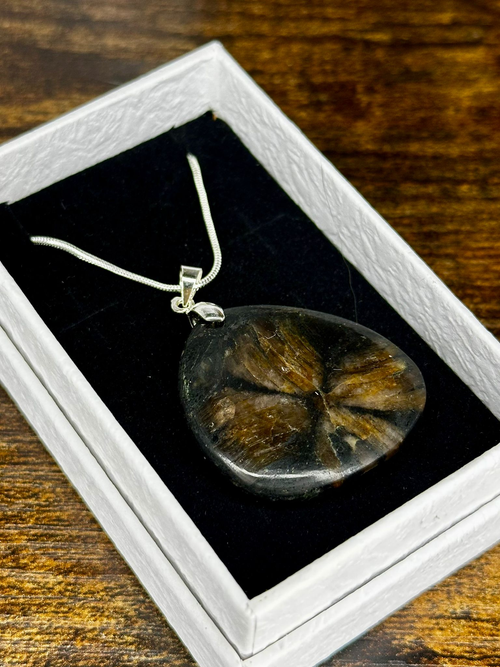 Polished Chiastolite pendant showing natural golden brown and dark cross-like Andalusite crystal formation