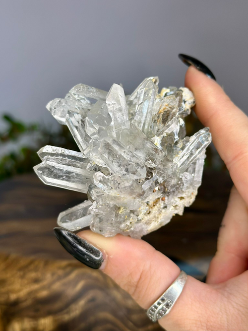 110g Chlorite Included Quartz cluster with clear terminated crystal points, Anatase and Siderite.