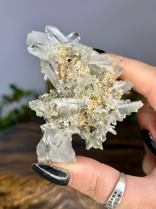 84g Chlorite Included Quartz cluster with dense clear crystal points, Anatase and Siderite.